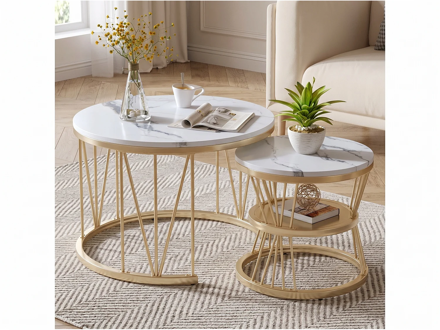 Tables Basses Gigognes Lot de 2 Rondes Effet Marbre Blanc Structure Métal Doré Style Moderne Salon