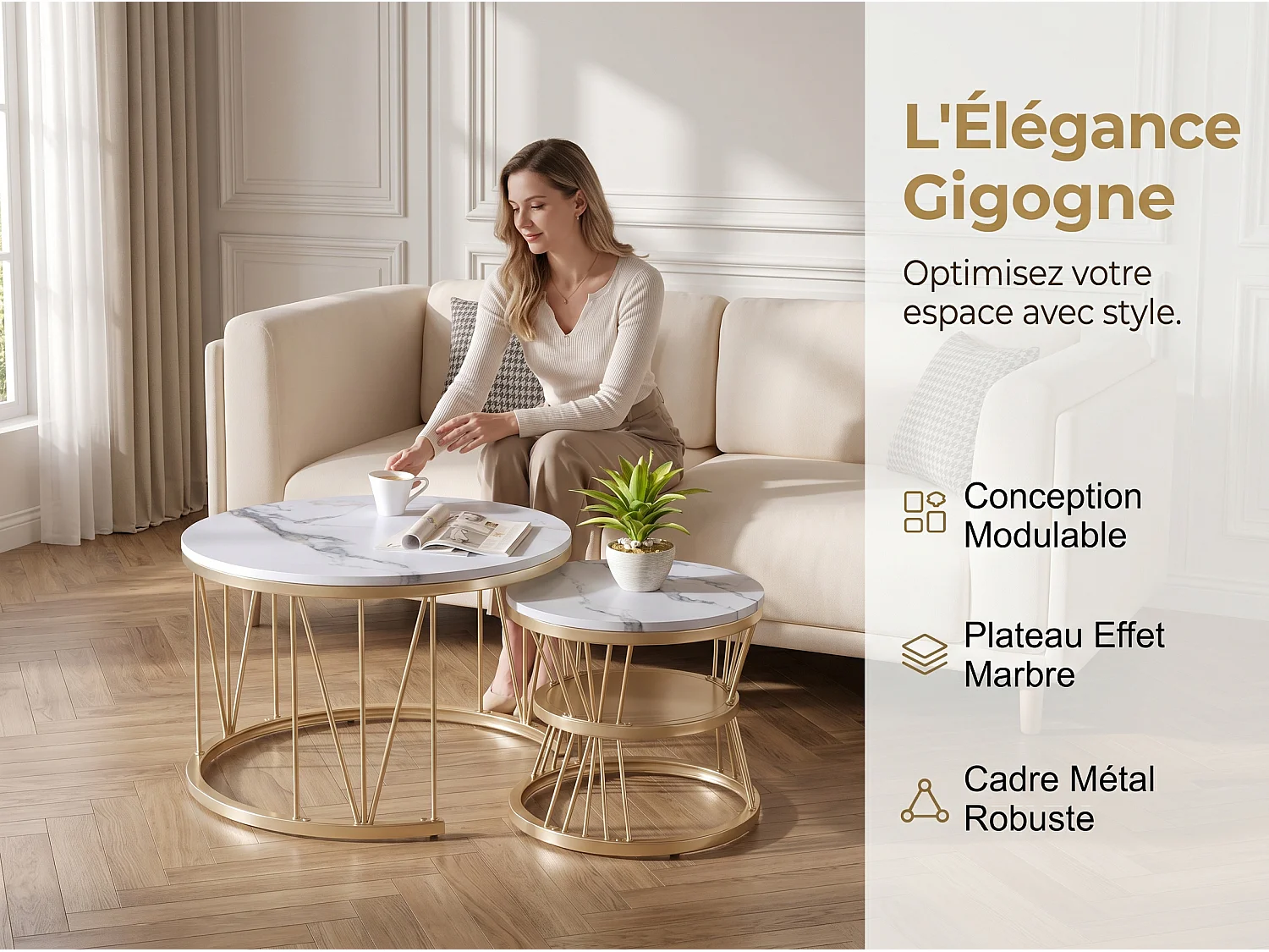 Tables Basses Gigognes Lot de 2 Rondes Effet Marbre Blanc Structure Métal Doré Style Moderne Salon