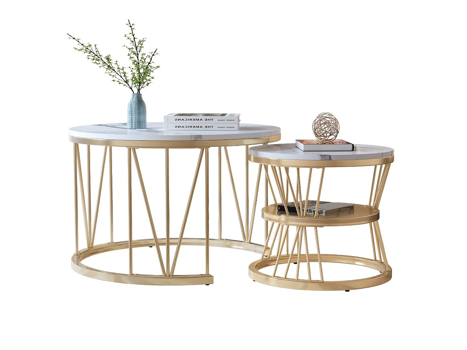 Tables Basses Gigognes Lot de 2 Rondes Effet Marbre Blanc Structure Métal Doré Style Moderne Salon