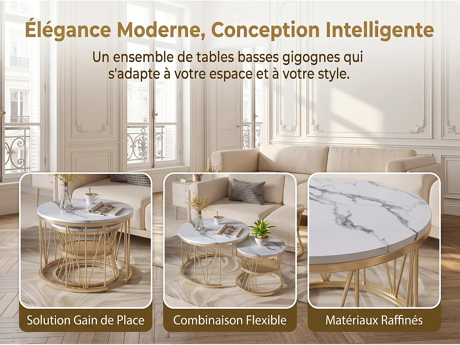 Tables Basses Gigognes Lot de 2 Rondes Effet Marbre Blanc Structure Métal Doré Style Moderne Salon