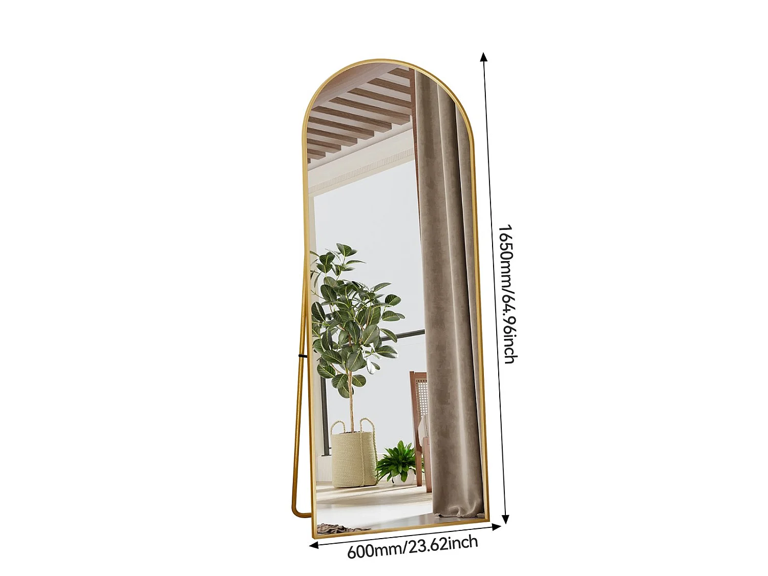 Miroir sur pied incurvé 165 x 60 cm - cadre en aluminium - verre anti-éclats - grand format - doré