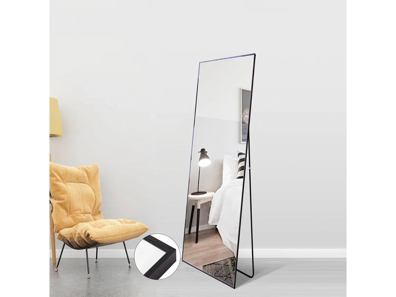 Miroir sur pied incurvé 150 x 40 cm - cadre en alliage d’aluminium - verre anti-éclats  - noir