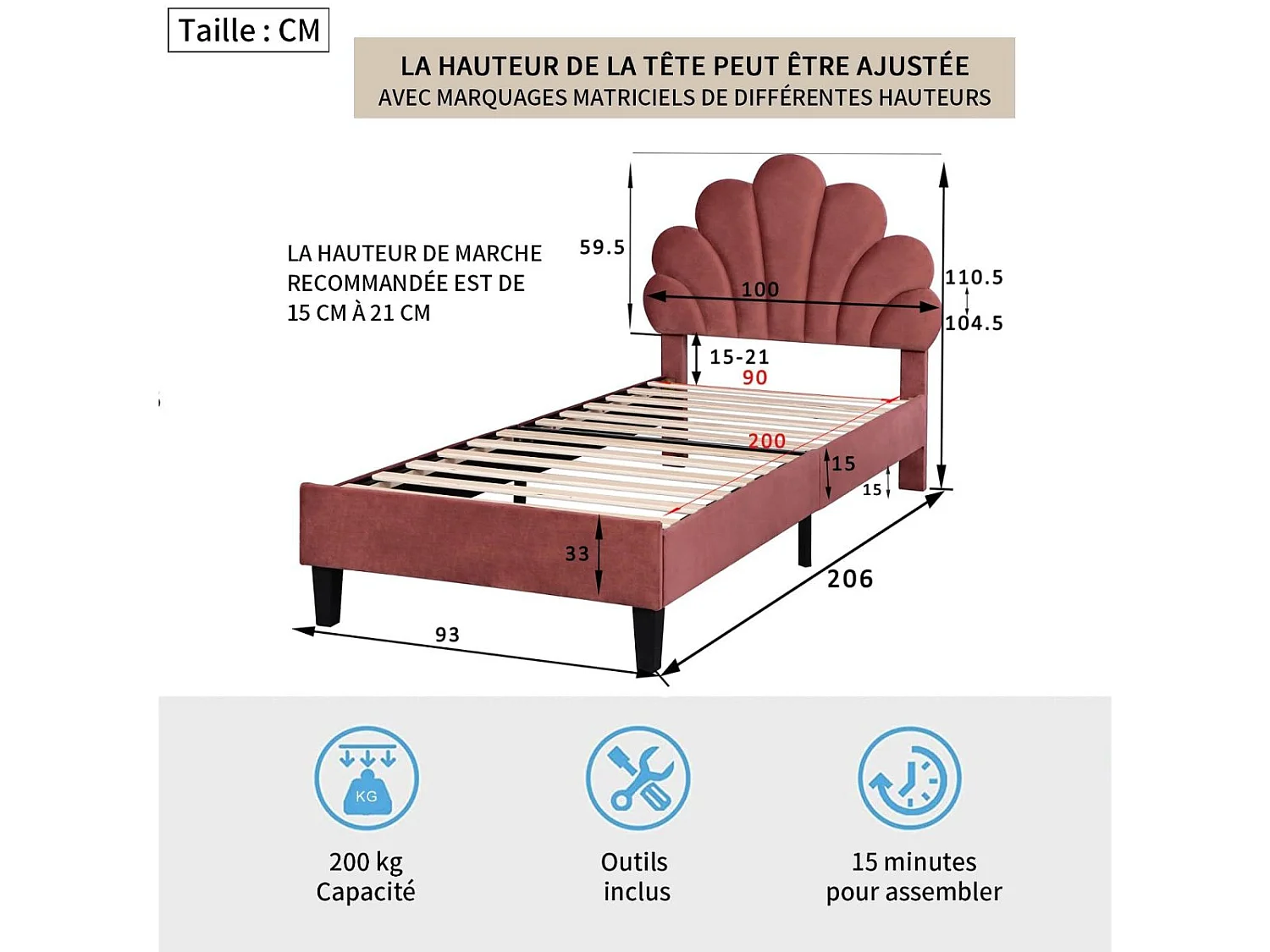 Lit simple 90x200 cm en velours, tête de lit coquillage, sommier à lattes inclus, sans matelas – Rouge
