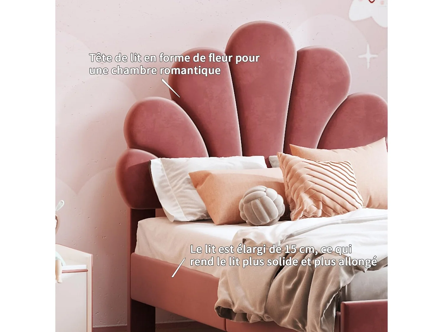 Lit simple 90x200 cm en velours, tête de lit coquillage, sommier à lattes inclus, sans matelas – Rouge