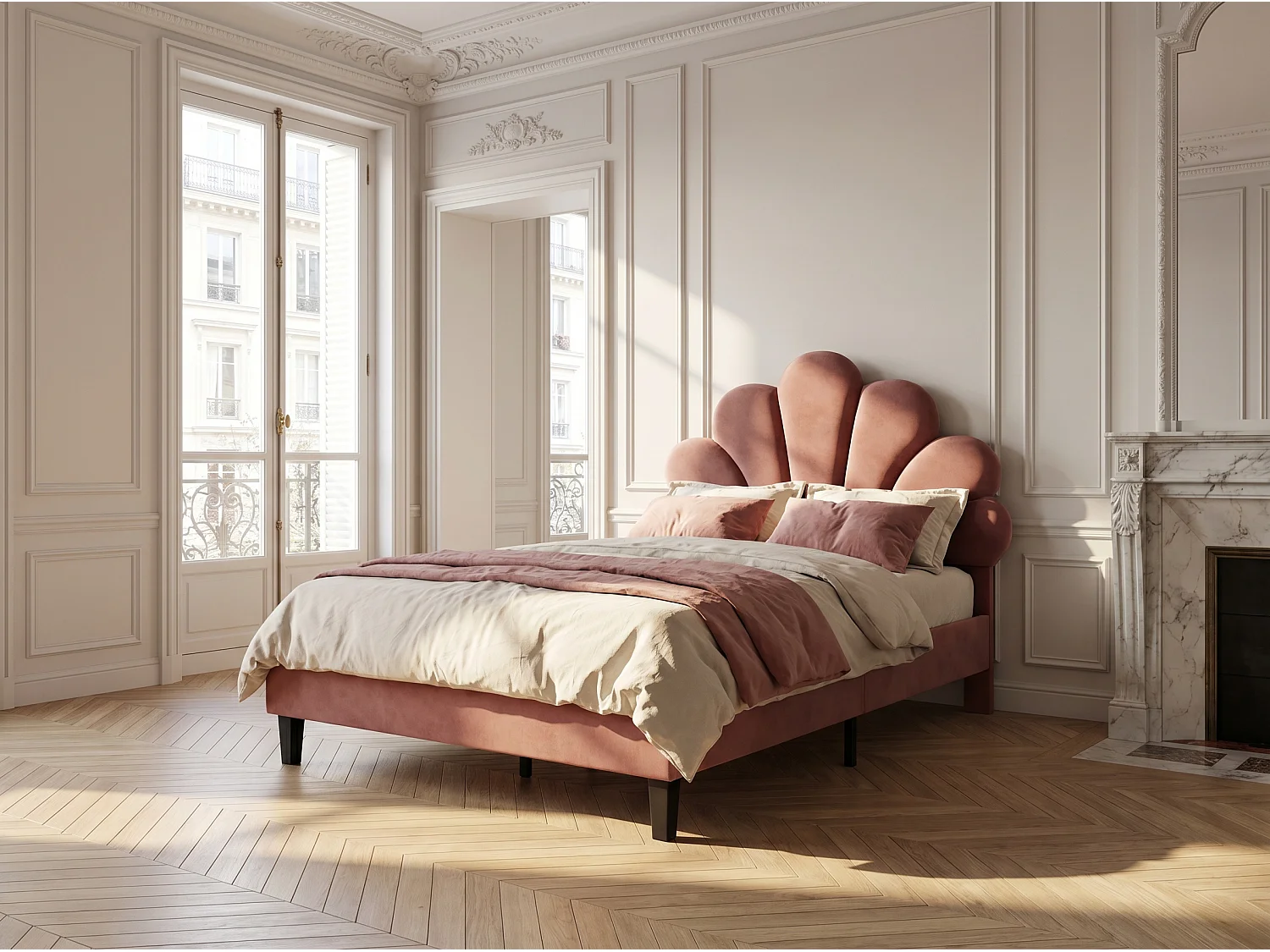 Lit simple 90x200 cm en velours, tête de lit coquillage, sommier à lattes inclus, sans matelas – Rouge