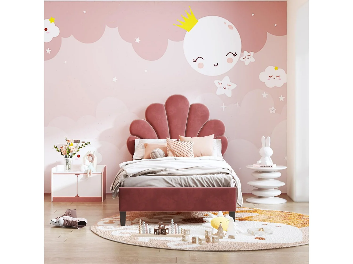 Lit simple 90x200 cm en velours, tête de lit coquillage, sommier à lattes inclus, sans matelas – Rouge