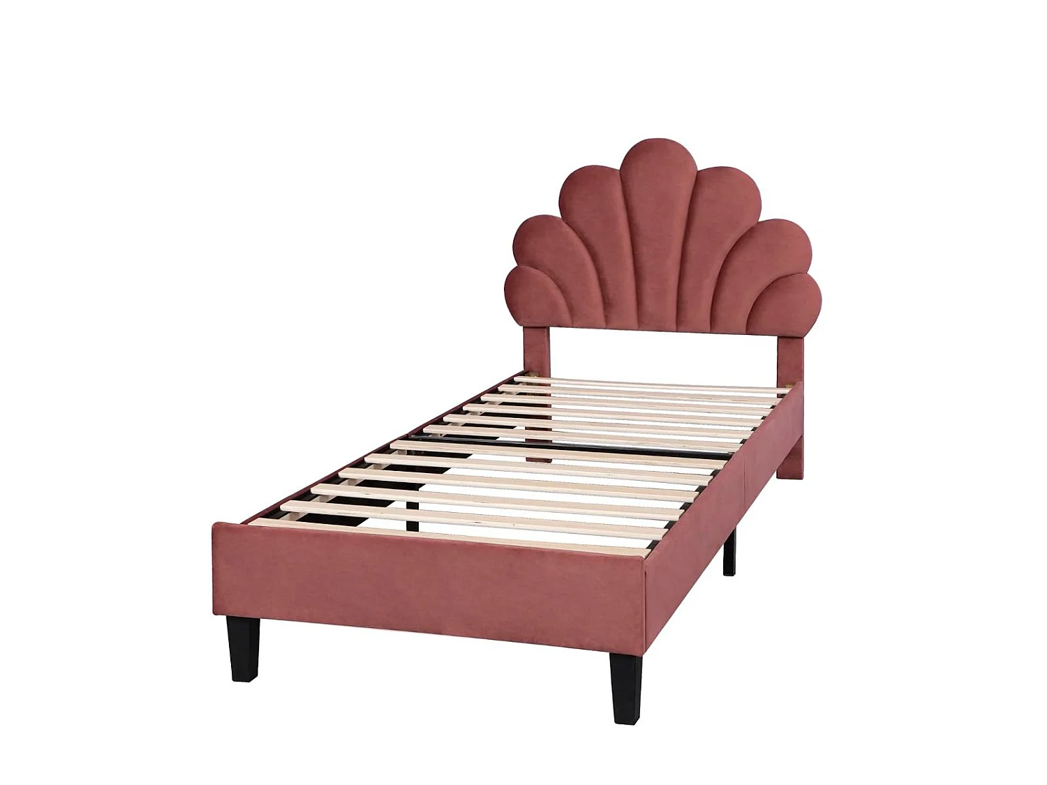 Lit simple 90x200 cm en velours, tête de lit coquillage, sommier à lattes inclus, sans matelas – Rouge