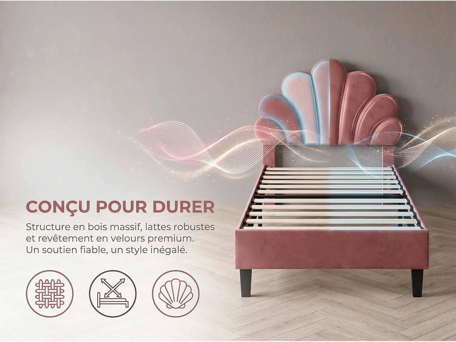 Lit simple 90x200 cm en velours, tête de lit coquillage, sommier à lattes inclus, sans matelas – Rouge