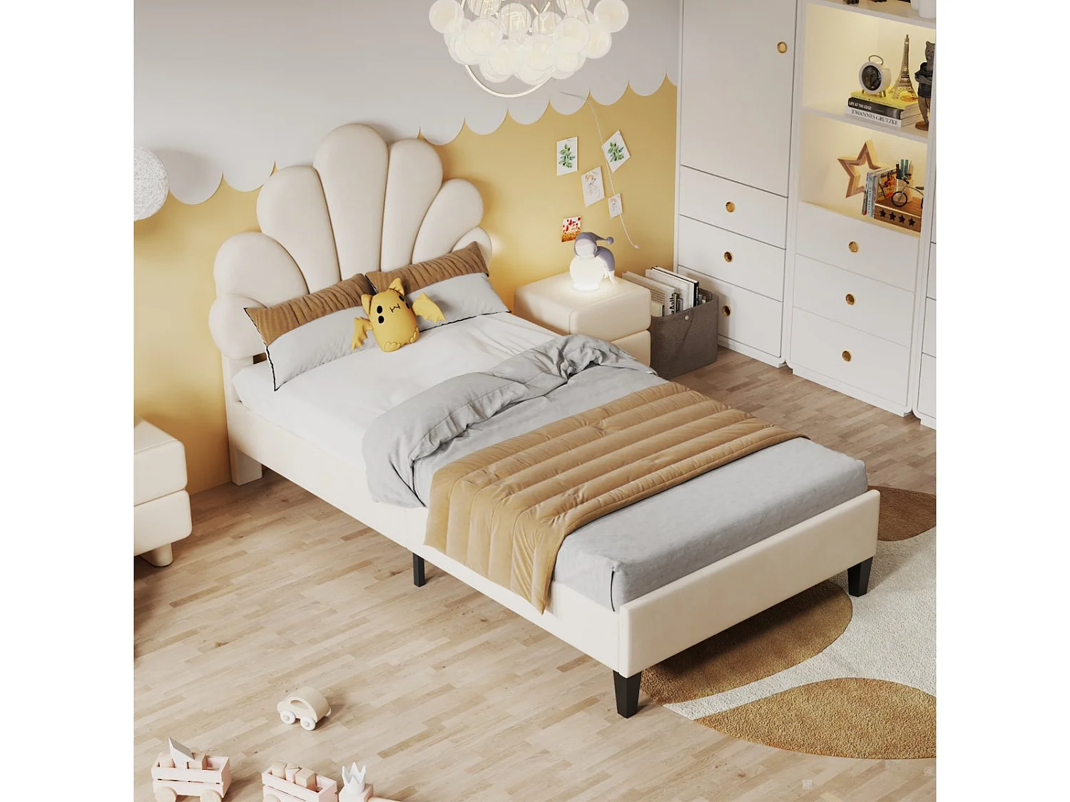 Lit simple 90x200 cm en velours, tête de lit coquillage, sommier à lattes inclus, sans matelas – Beige