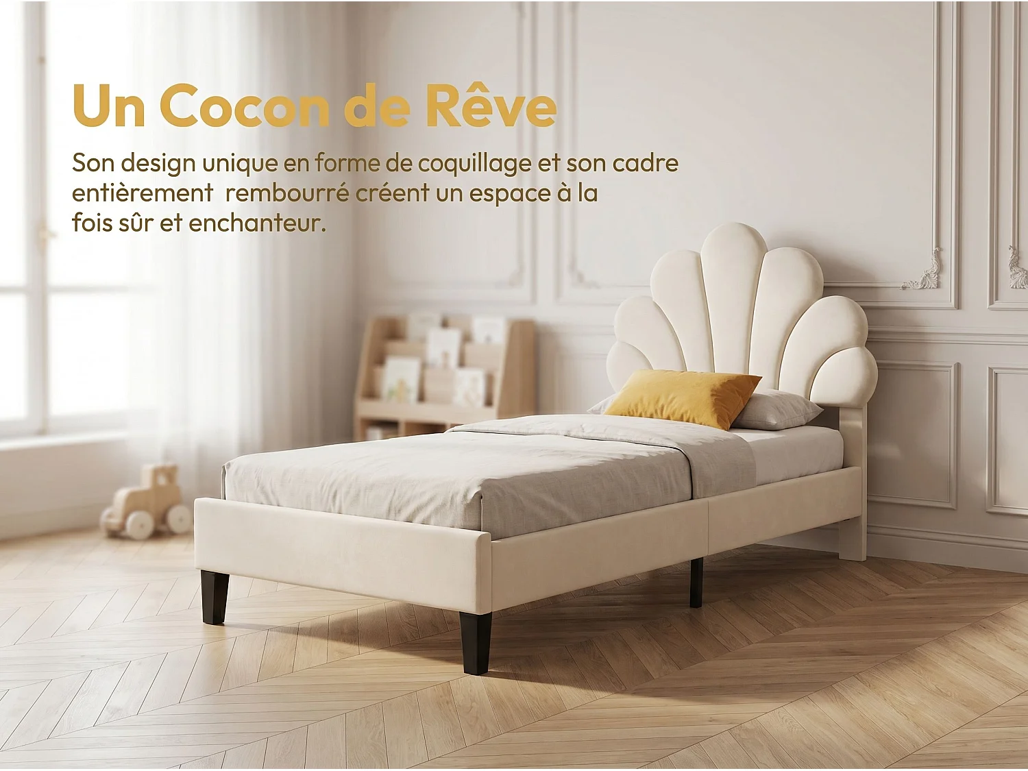 Lit simple 90x200 cm en velours, tête de lit coquillage, sommier à lattes inclus, sans matelas – Beige