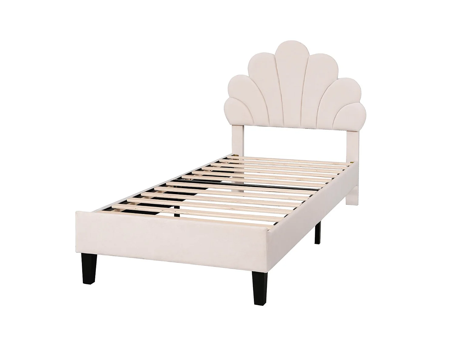Lit simple 90x200 cm en velours, tête de lit coquillage, sommier à lattes inclus, sans matelas – Beige
