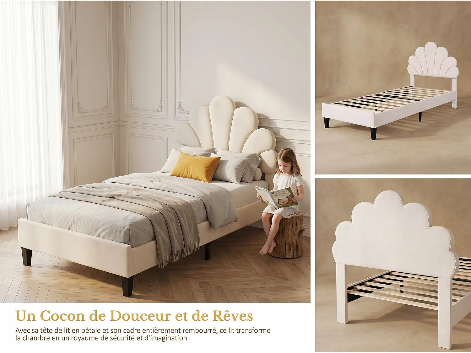 Lit simple 90x200 cm en velours, tête de lit coquillage, sommier à lattes inclus, sans matelas – Beige