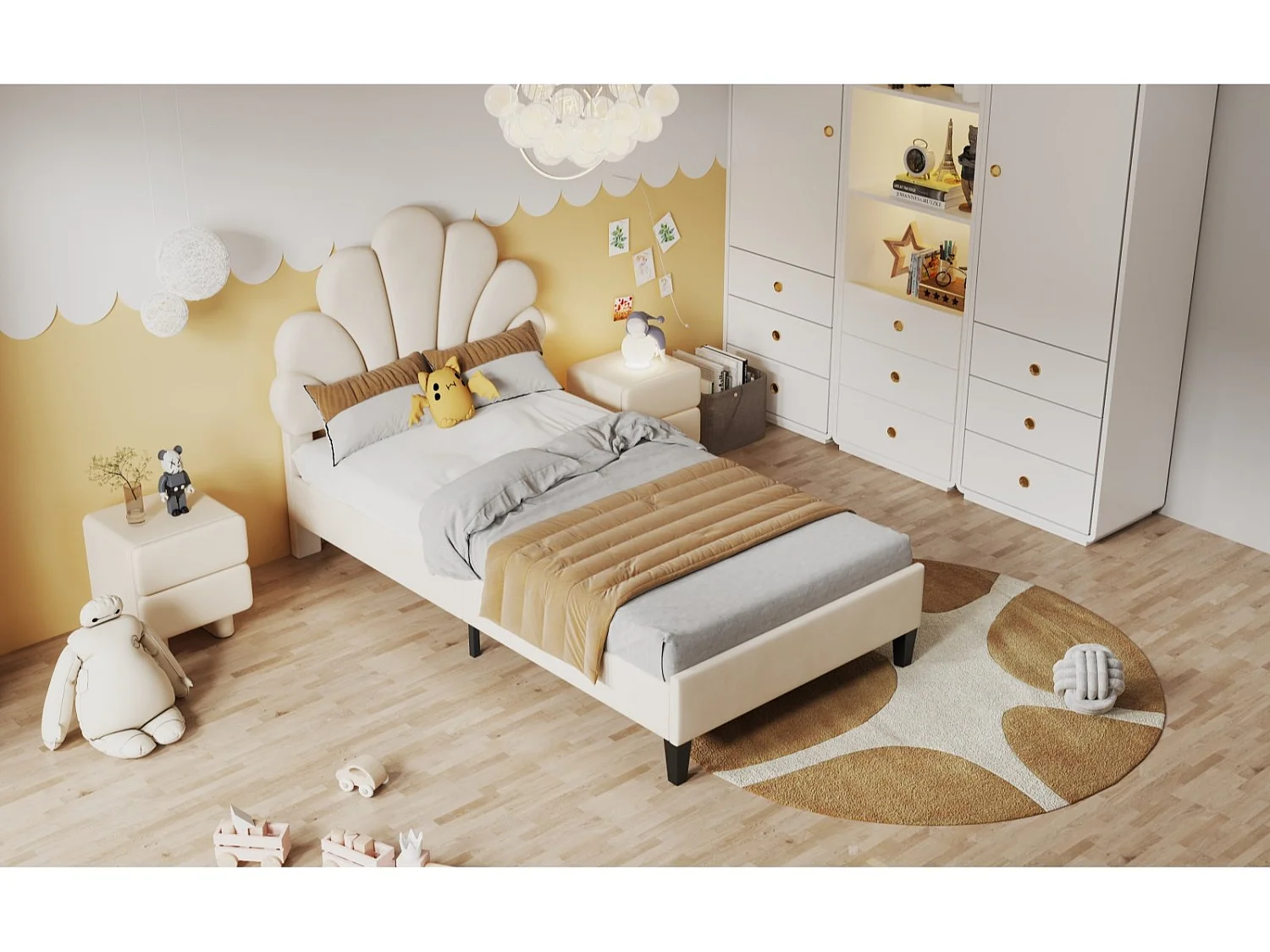 Lit simple 90x200 cm en velours, tête de lit coquillage, sommier à lattes inclus, sans matelas – Beige