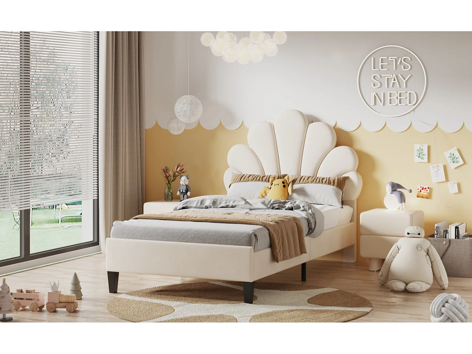Lit simple 90x200 cm en velours, tête de lit coquillage, sommier à lattes inclus, sans matelas – Beige