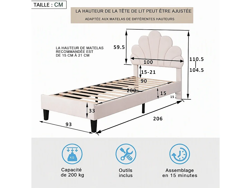 Lit simple 90x200 cm en velours, tête de lit coquillage, sommier à lattes inclus, sans matelas – Beige
