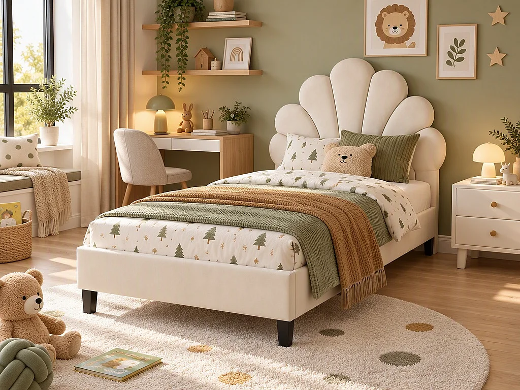 Lit simple 90x200 cm en velours, tête de lit coquillage, sommier à lattes inclus, sans matelas – Beige