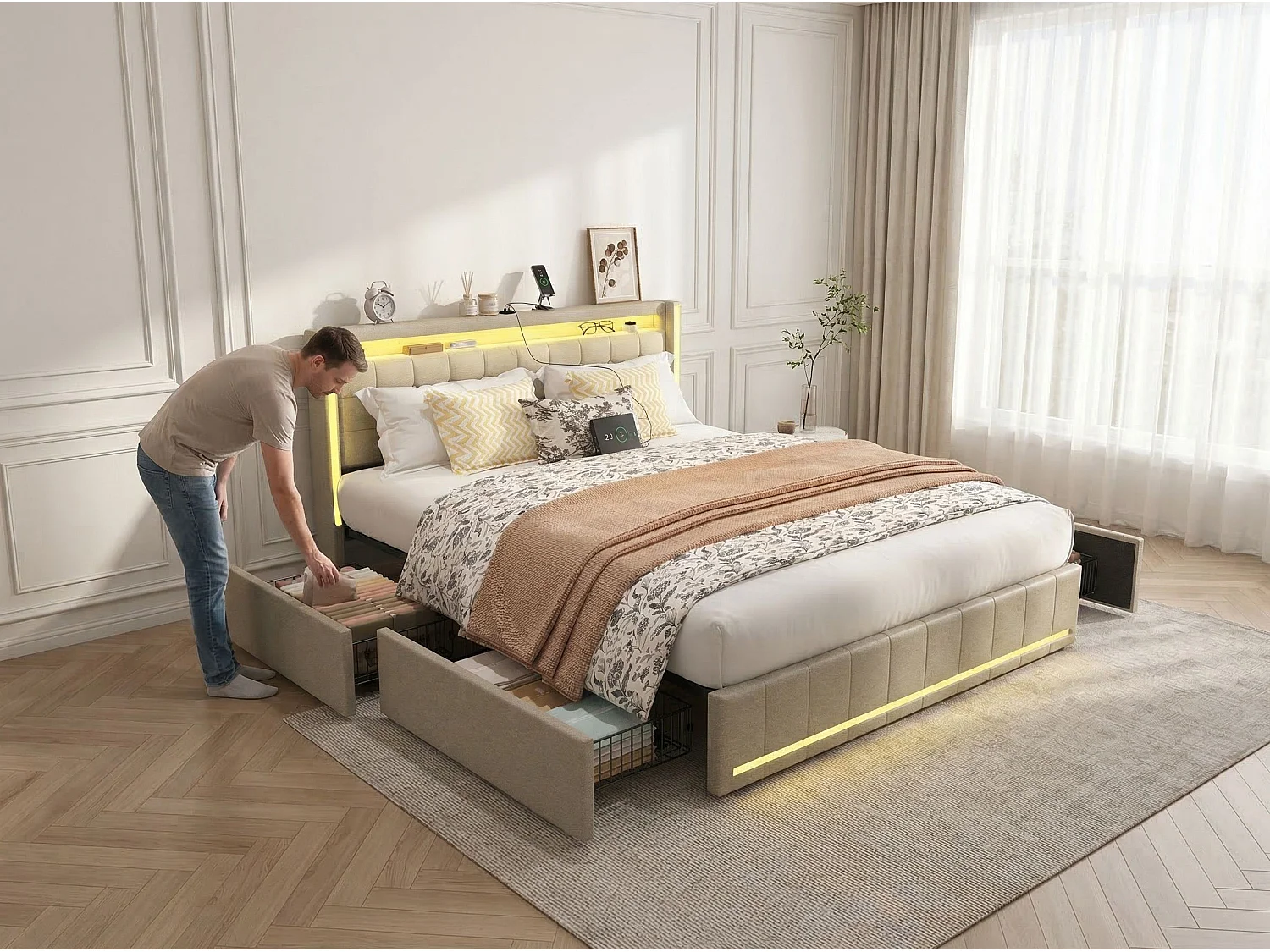 Lit coffre capitonné180 x 200 cm - avec tiroirs de rangement - éclairage LED intégré - interfaces USB et Type-C - coloris lin beige