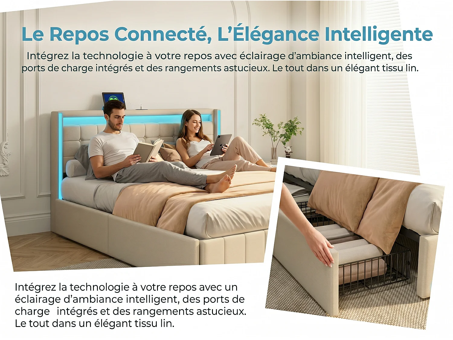 Lit coffre capitonné140 x 200 cm - avec tiroirs de rangement - éclairage LED intégré - interfaces USB et Type-C - coloris lin beige