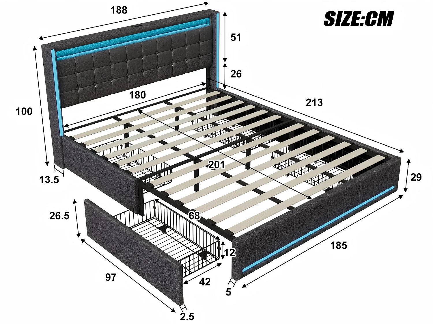 Lit rembourré 180x200 cm - Tiroirs de rangement avec roulettes - LED intégrée - Ports USB + Type-C - Tissu effet lin
