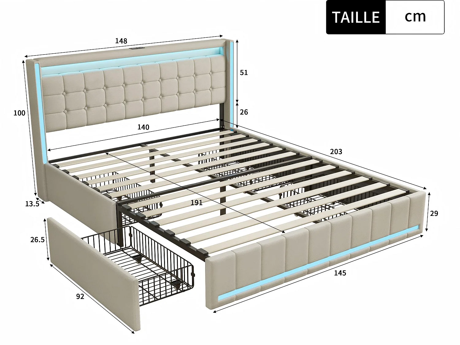 Lit coffre capitonné140 x 190 cm - avec tiroirs de rangement - éclairage LED intégré - interfaces USB et Type-C - coloris lin beige