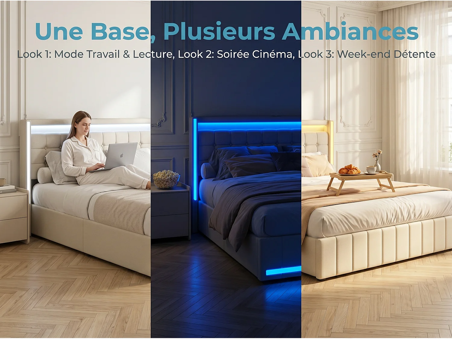 Lit coffre capitonné140 x 190 cm - avec tiroirs de rangement - éclairage LED intégré - interfaces USB et Type-C - coloris lin beige