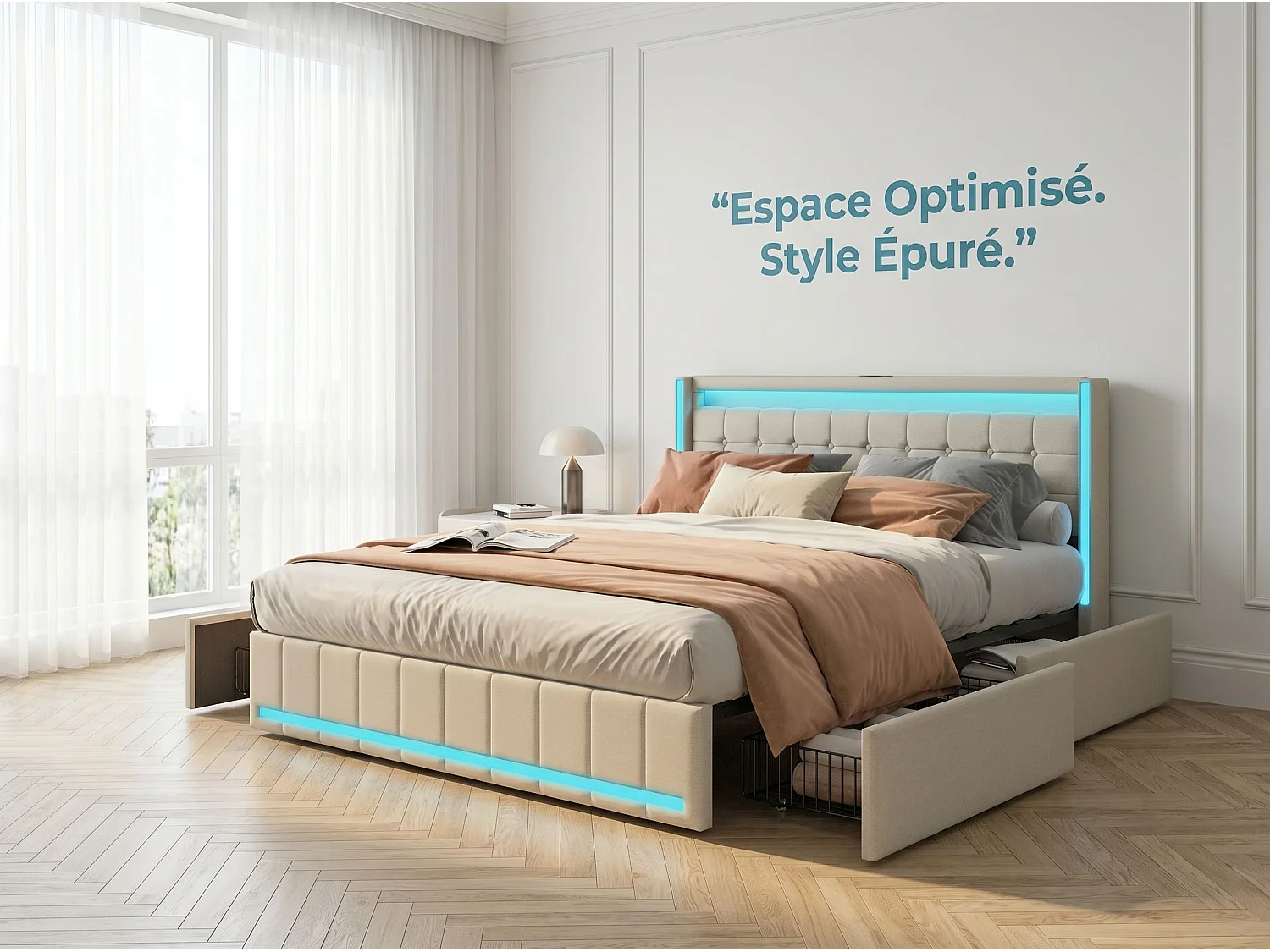 Lit coffre capitonné140 x 190 cm - avec tiroirs de rangement - éclairage LED intégré - interfaces USB et Type-C - coloris lin beige