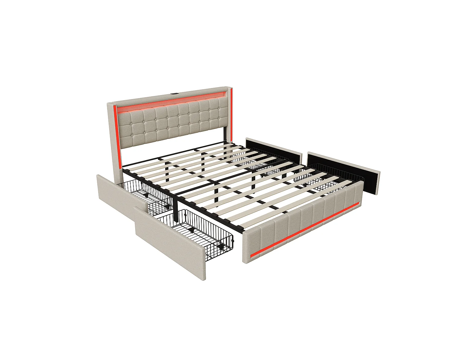 Lit coffre capitonné140 x 190 cm - avec tiroirs de rangement - éclairage LED intégré - interfaces USB et Type-C - coloris lin beige