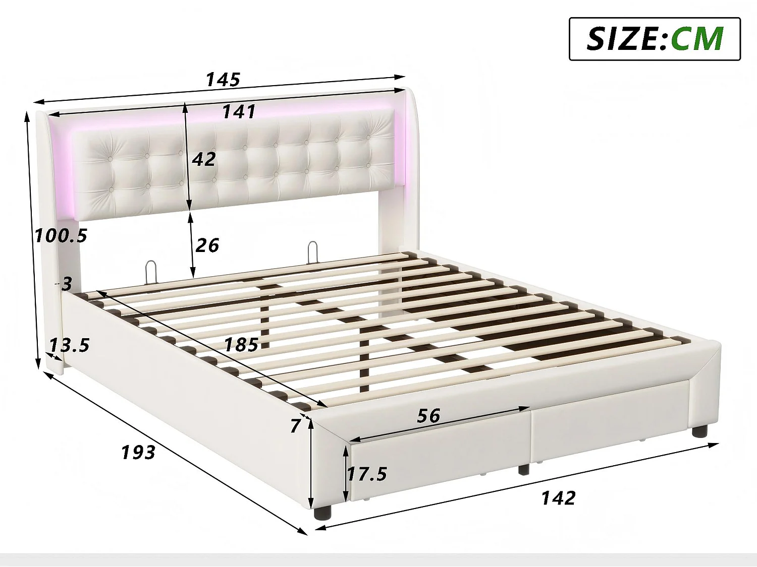 Lit coffre 140x200 cm avec tête de lit éclairée - LEDs RGB - Velours beige - Sommier à lattes - Rangement hydraulique et tiroirs