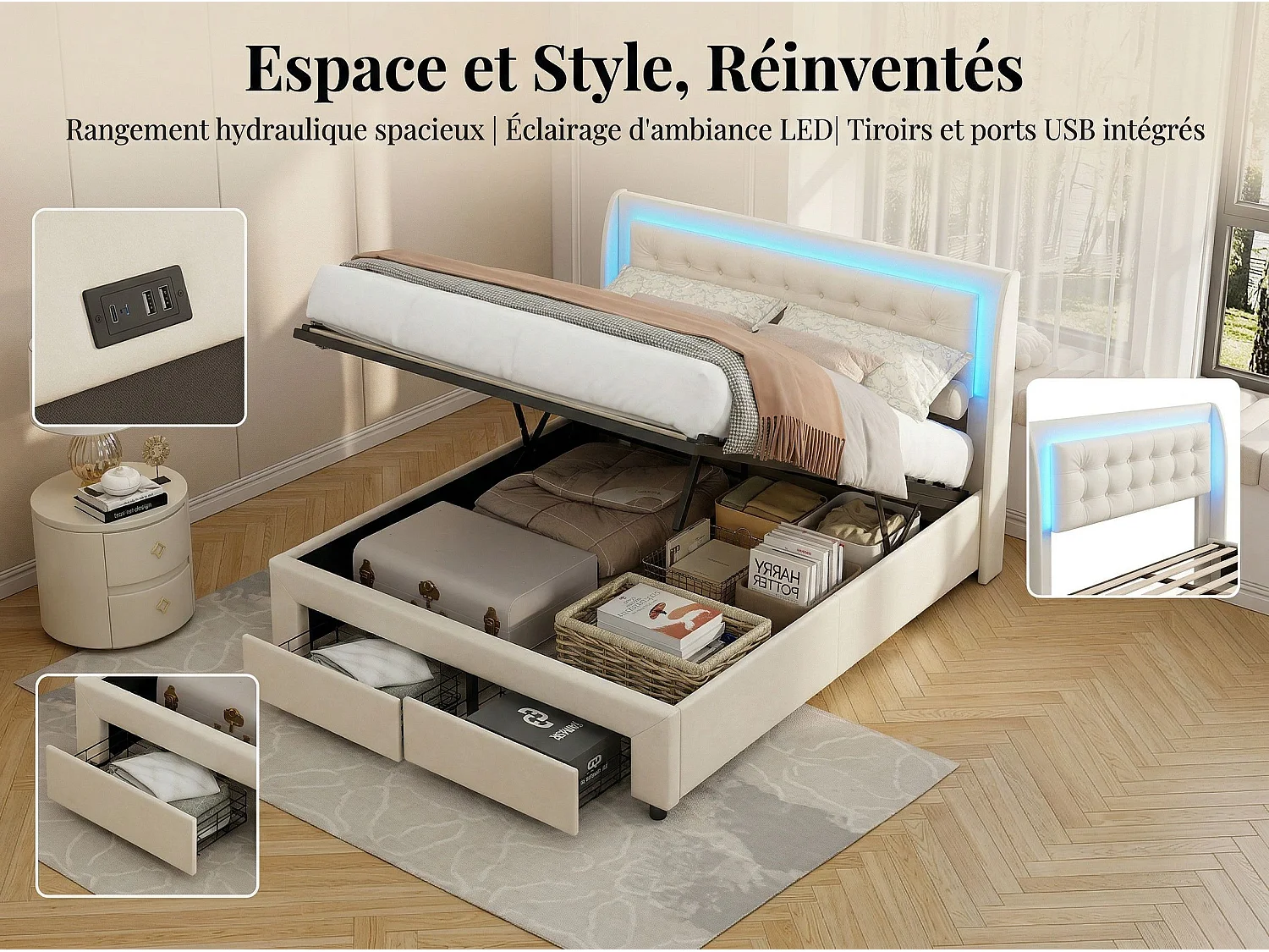Lit coffre 140x200 cm avec tête de lit éclairée - LEDs RGB - Velours beige - Sommier à lattes - Rangement hydraulique et tiroirs