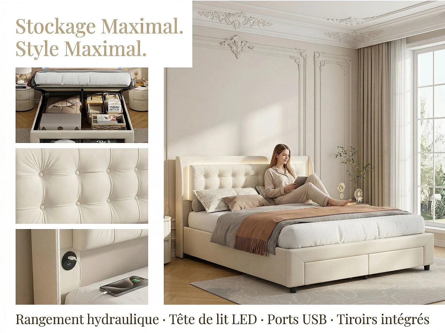 Lit coffre 140x200 cm avec tête de lit éclairée - LEDs RGB - Velours beige - Sommier à lattes - Rangement hydraulique et tiroirs