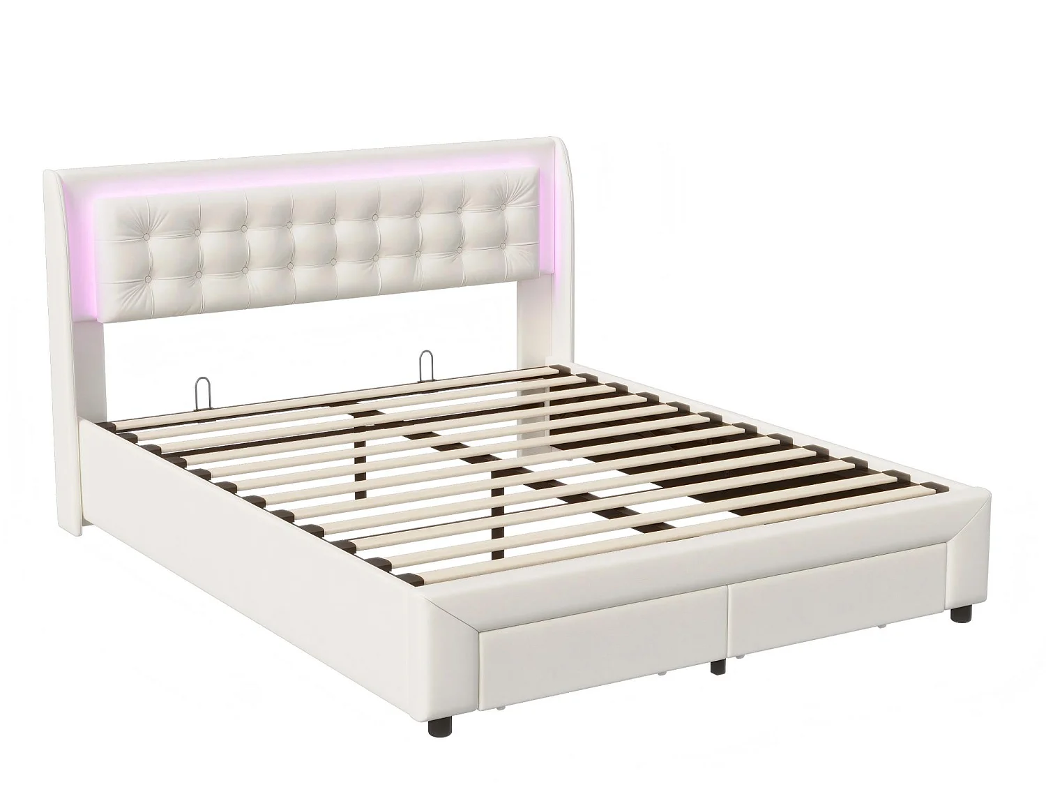 Lit coffre 140x200 cm avec tête de lit éclairée - LEDs RGB - Velours beige - Sommier à lattes - Rangement hydraulique et tiroirs