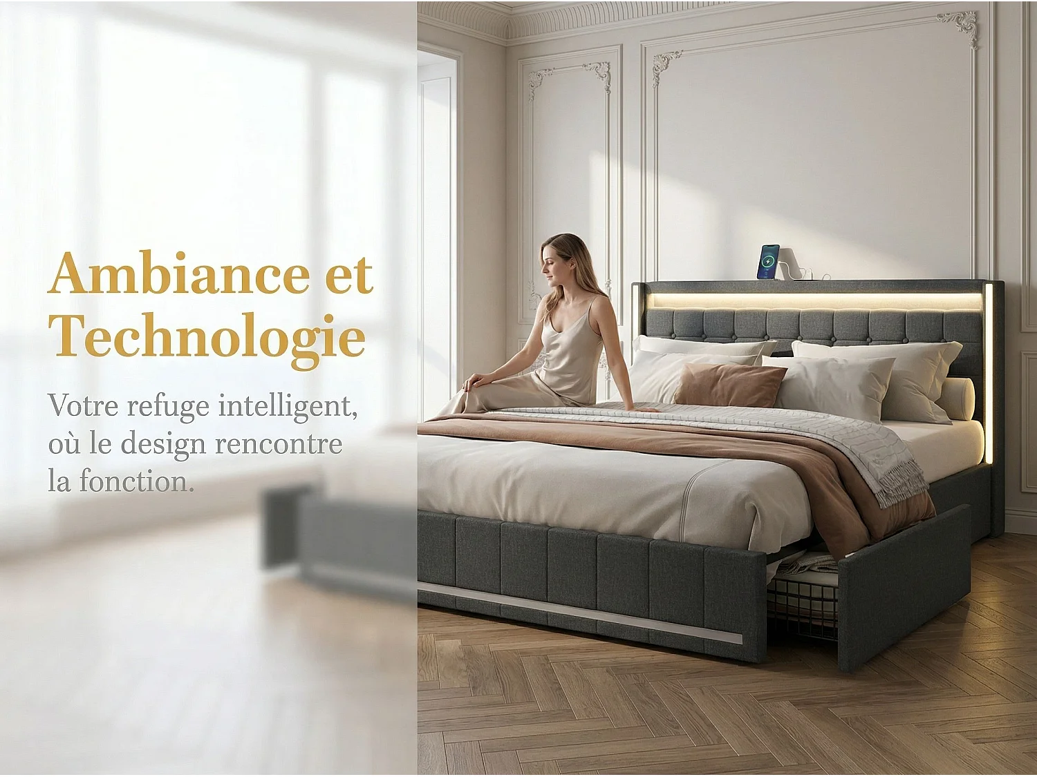 Lit coffre capitonné160 x 200 cm - avec tiroirs de rangement - éclairage LED intégré - interfaces USB et Type-C - coloris lin Gris