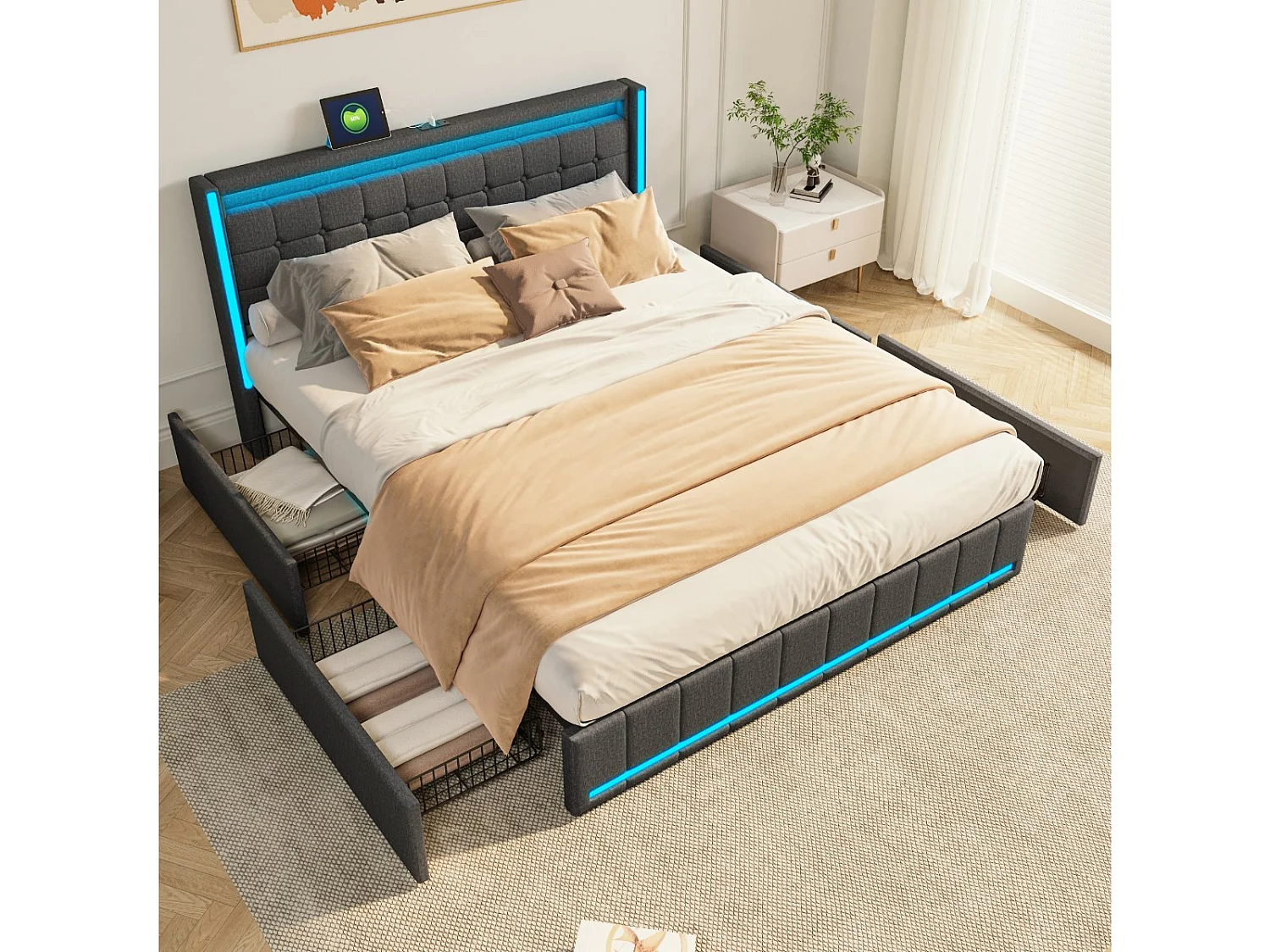 Lit coffre capitonné160 x 200 cm - avec tiroirs de rangement - éclairage LED intégré - interfaces USB et Type-C - coloris lin Gris