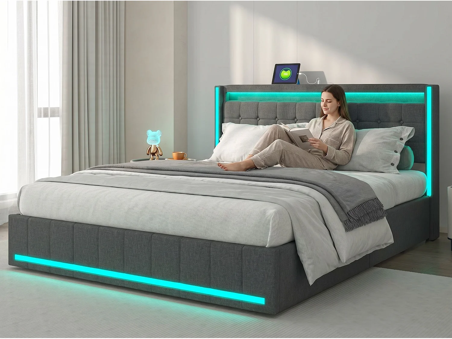 Lit coffre capitonné140 x 200 cm - avec tiroirs de rangement - éclairage LED intégré - interfaces USB et Type-C - coloris lin Gris