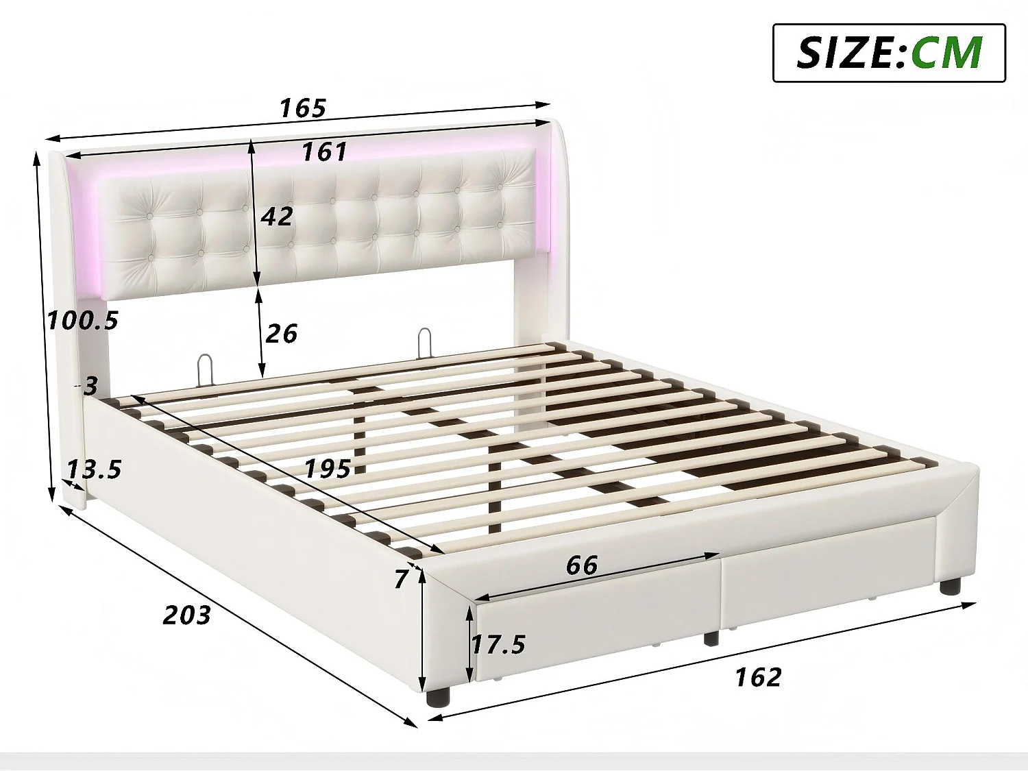 Lit coffre 140x200 cm avec tête de lit - LEDs RGB - Velours beige - Sommier à lattes - Rangement hydraulique et tiroirs