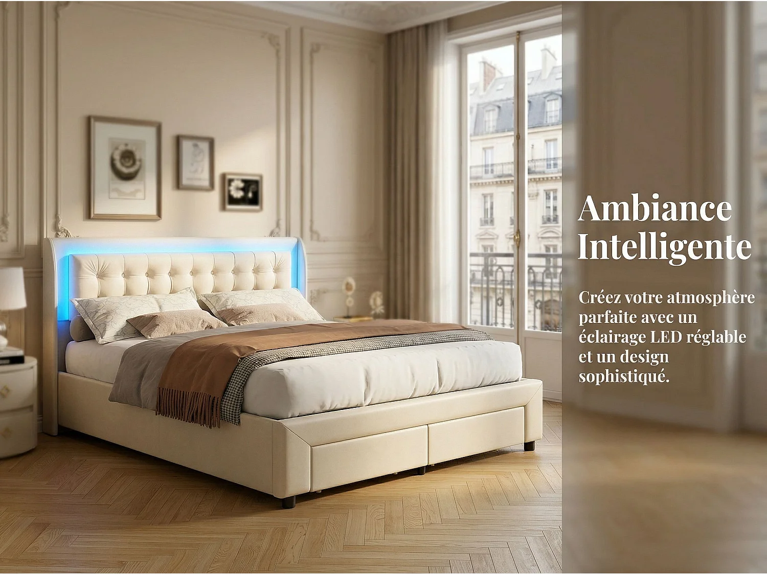 Lit coffre 140x200 cm avec tête de lit - LEDs RGB - Velours beige - Sommier à lattes - Rangement hydraulique et tiroirs