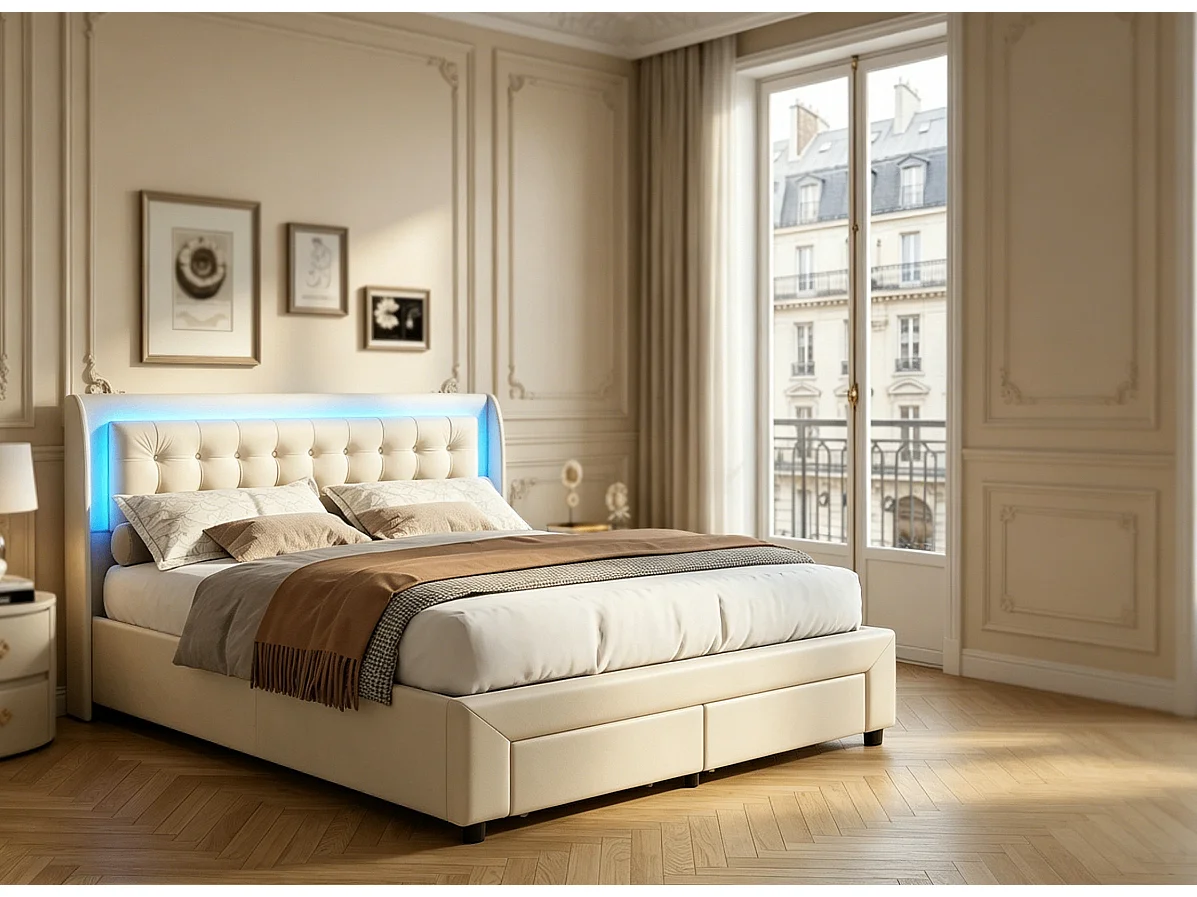 Lit coffre 140x200 cm avec tête de lit - LEDs RGB - Velours beige - Sommier à lattes - Rangement hydraulique et tiroirs