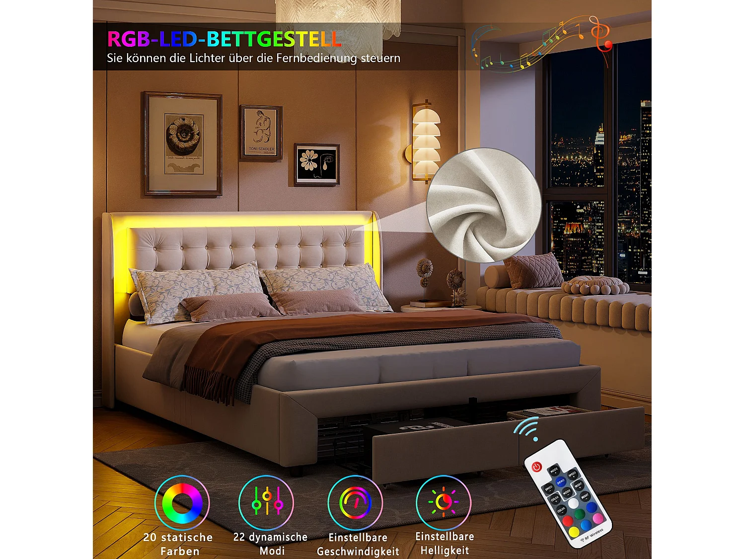 Lit coffre 180x200 cm avec tête de lit éclairée - LEDs RGB - Velours beige - Sommier à lattes - Rangement hydraulique et tiroirs