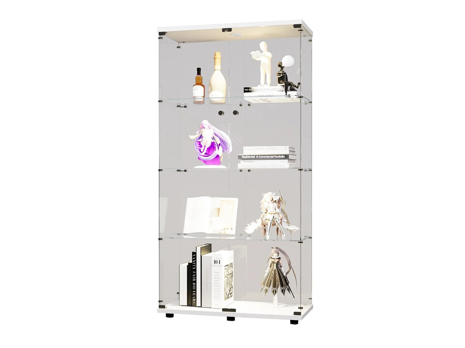 Vitrine en Verre avec LED, Armoir de Vitrine pour Collection Moderne avec 2 Portes et 4 étagères en Verre ESG, pour Le Bar, Le Salon, 166 x 45 x 14 cm, Blanc