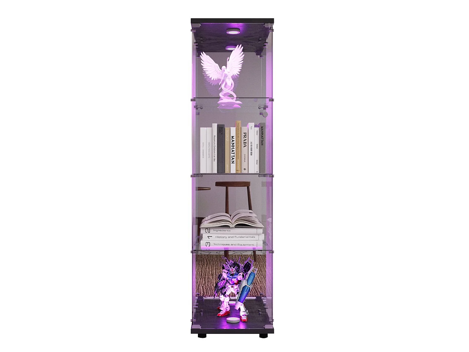 Vitrine en Verre avec LED, Armoir de Vitrine pour Collection Moderne avec 1 Portes et 4 étagères en Verre ESG, pour Le Bar, Le Salon, 166 x 45 x 15 cm, Noir