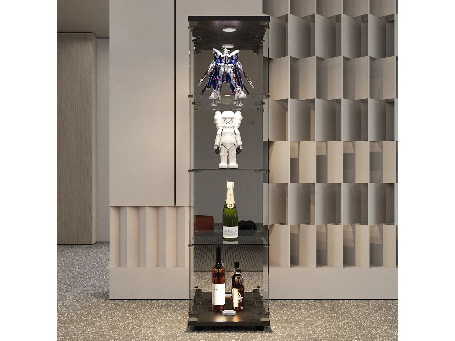 Vitrine en Verre avec LED, Armoir de Vitrine pour Collection Moderne avec 1 Portes et 4 étagères en Verre ESG, pour Le Bar, Le Salon, 166 x 45 x 15 cm, Noir