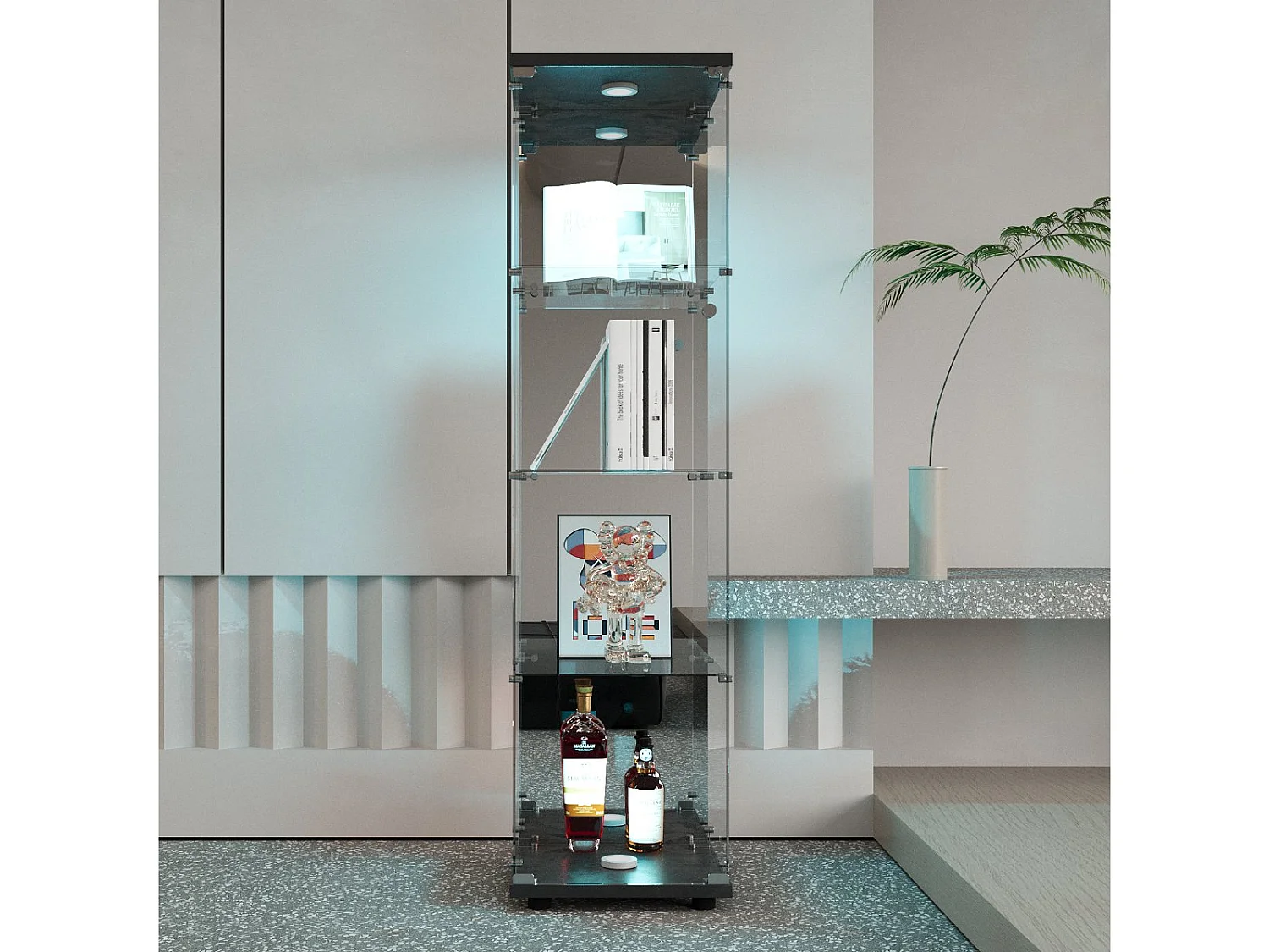 Vitrine en Verre avec LED, Armoir de Vitrine pour Collection Moderne avec 1 Portes et 4 étagères en Verre ESG, pour Le Bar, Le Salon, 166 x 45 x 15 cm, Noir