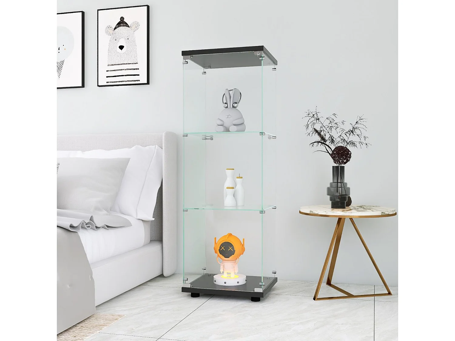 Vitrine en Verre avec LED, Armoir de Vitrine pour Collection Moderne avec 1 Portes et 3 étagères en Verre ESG, pour Le Bar, Le Salon, 127 x 44 x 14 cm, Noir