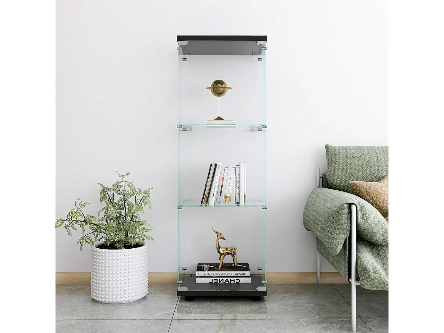 Vitrine en Verre avec LED, Armoir de Vitrine pour Collection Moderne avec 1 Portes et 3 étagères en Verre ESG, pour Le Bar, Le Salon, 127 x 44 x 14 cm, Noir