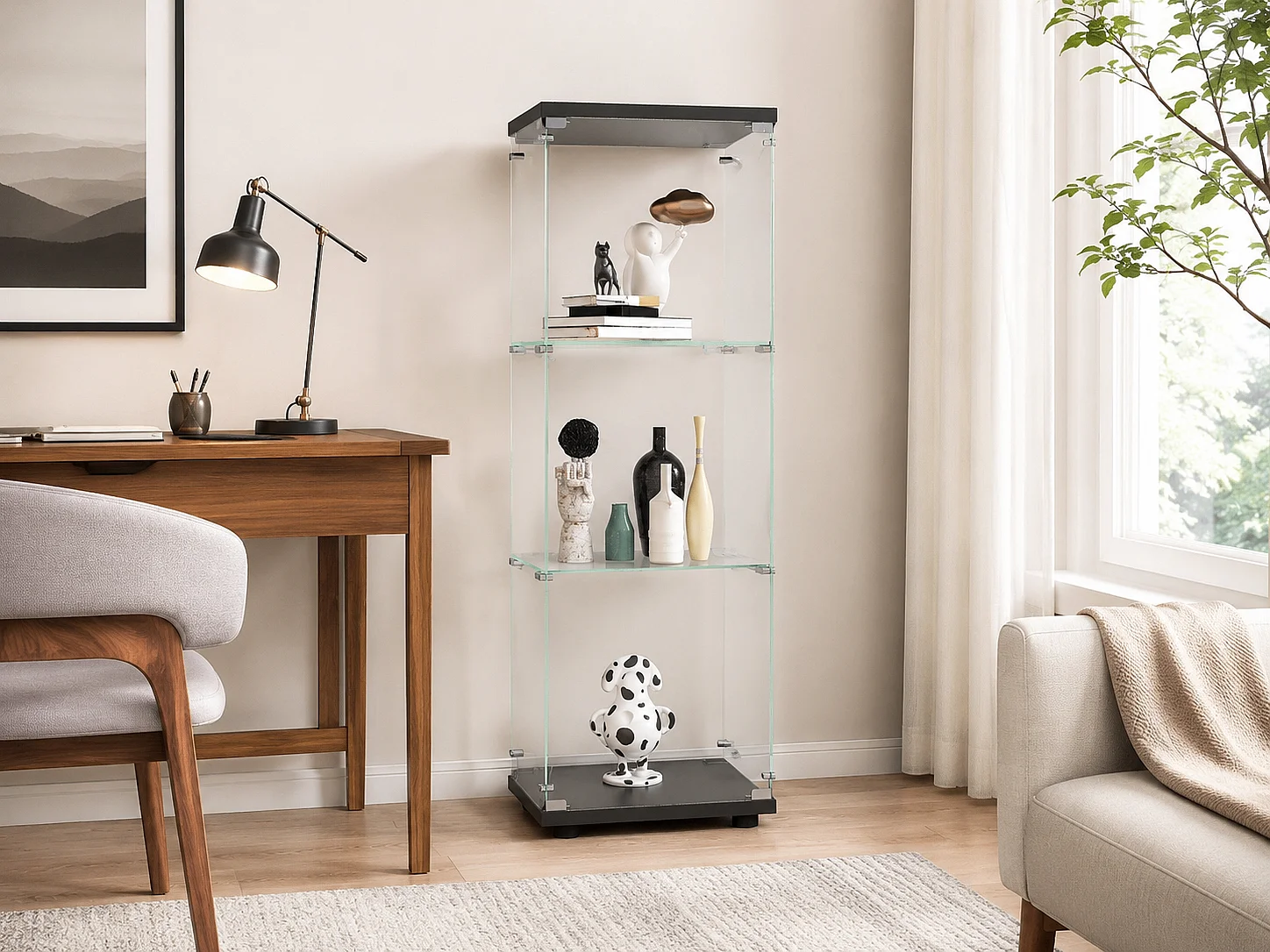 Vitrine en Verre avec LED, Armoir de Vitrine pour Collection Moderne avec 1 Portes et 3 étagères en Verre ESG, pour Le Bar, Le Salon, 127 x 44 x 14 cm, Noir