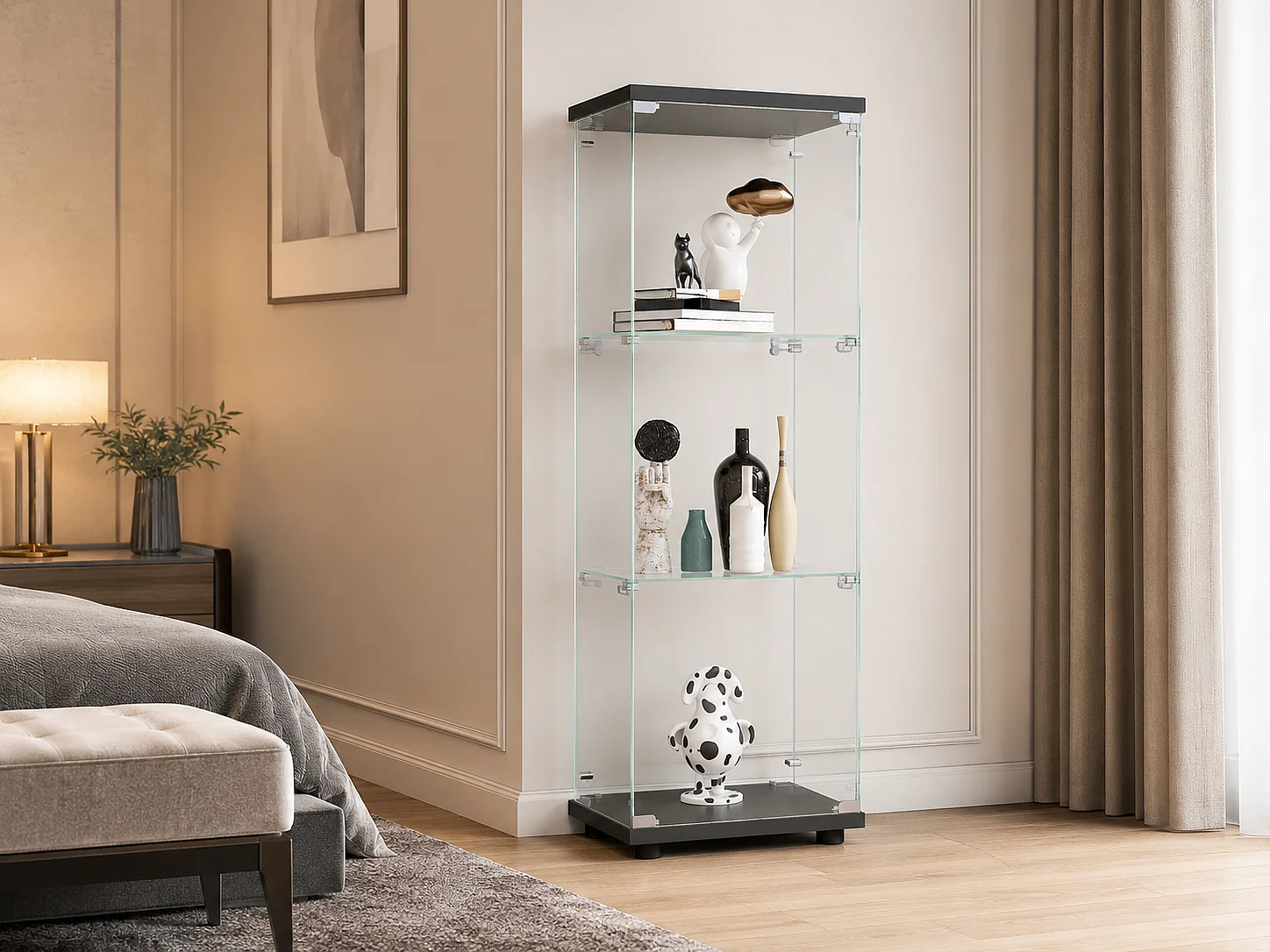 Vitrine en Verre avec LED, Armoir de Vitrine pour Collection Moderne avec 1 Portes et 3 étagères en Verre ESG, pour Le Bar, Le Salon, 127 x 44 x 14 cm, Noir