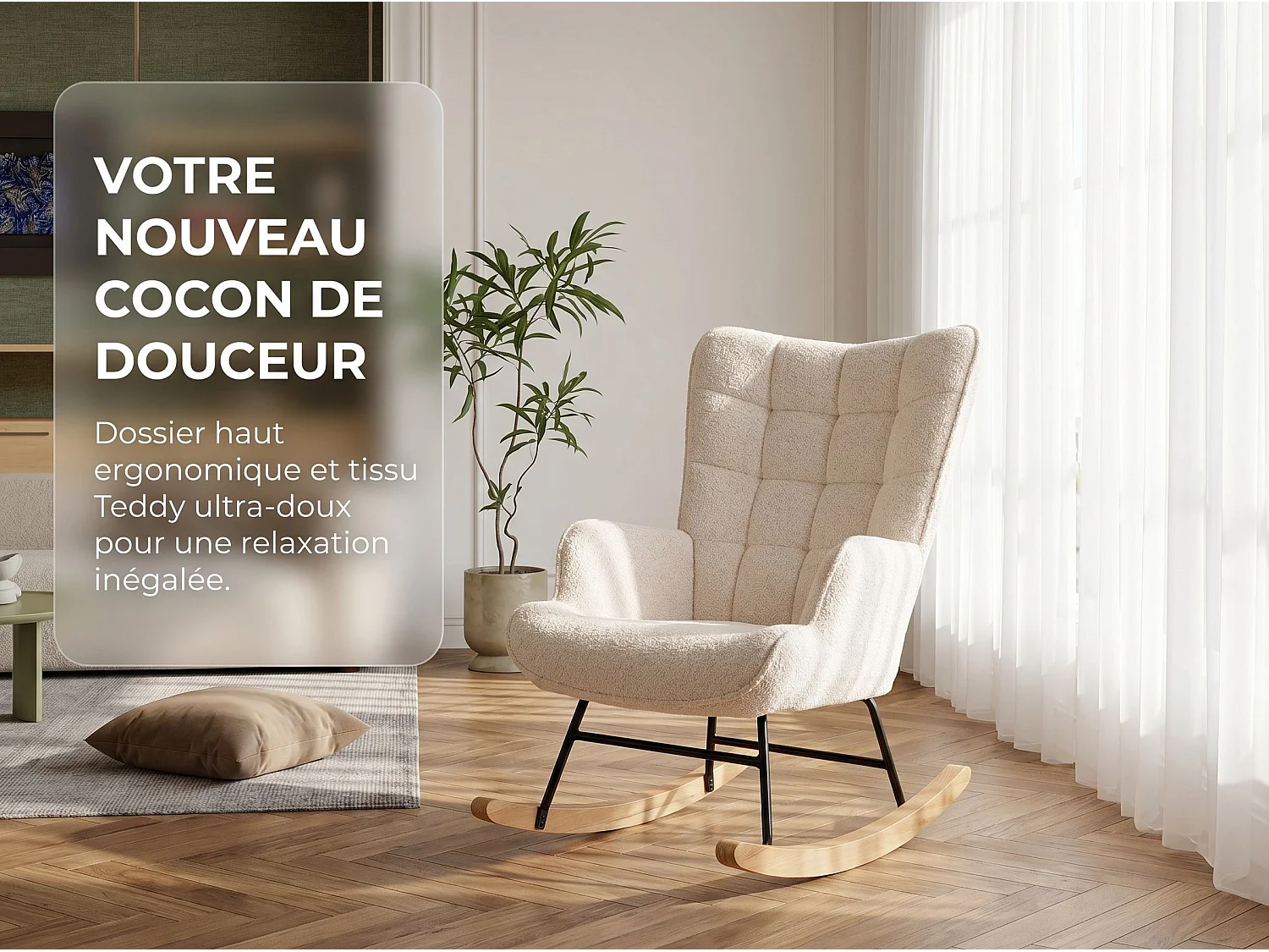 Fauteuil à Bascule Adulte - Chaise à Bascule d'extérieur Ergonomique - pour Salon - Jardin - Chambre - Beige