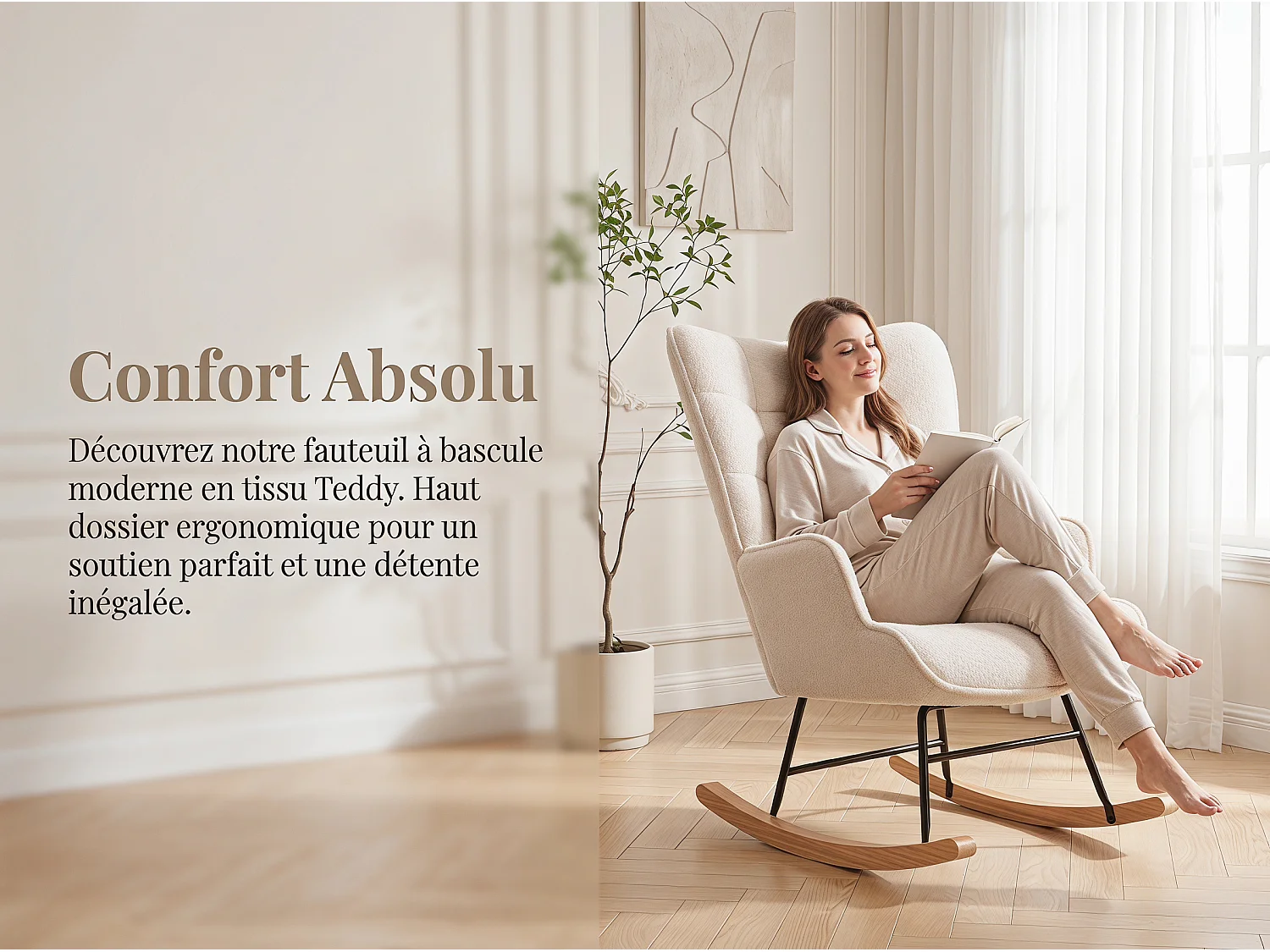 Fauteuil à Bascule Adulte - Chaise à Bascule d'extérieur Ergonomique - pour Salon - Jardin - Chambre - Beige