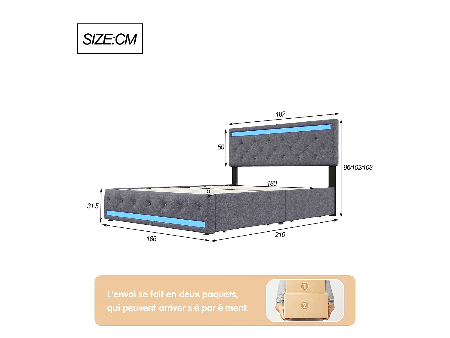 Lit coffre 180x200 cm gris avec tiroirs Lit double en tissu effet lin avec sommier à lattes LED et 4 tiroirs de rangement