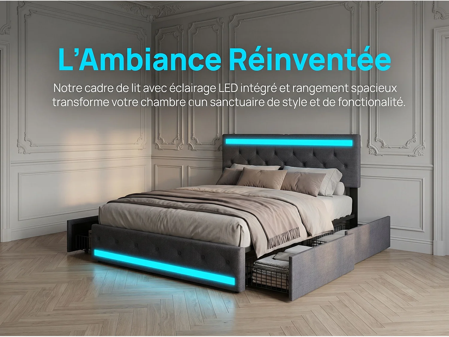 Lit coffre 180x200 cm gris avec tiroirs Lit double en tissu effet lin avec sommier à lattes LED et 4 tiroirs de rangement